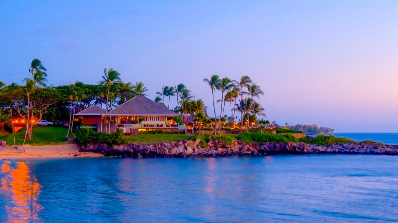 Merriman’s Kapalua oceanfront restaurant at sunset on Maui