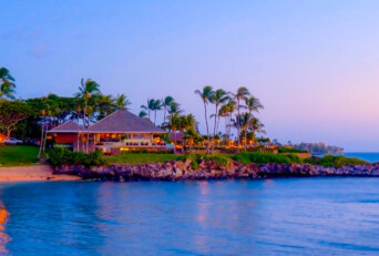 Merriman’s Kapalua oceanfront restaurant at sunset on Maui
