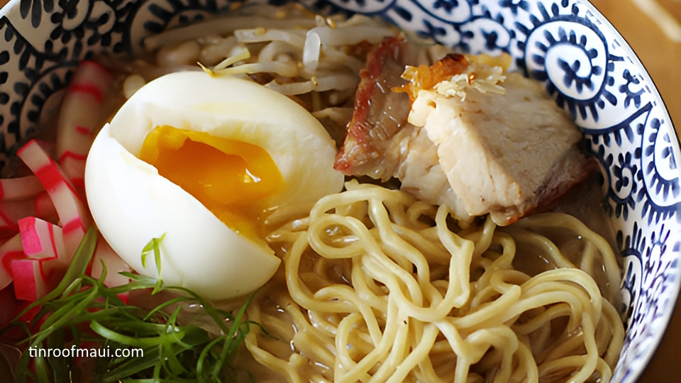 Tin Roof Maui ramen noodle dish with egg