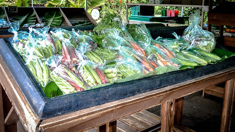Organic vegetables displayed at the Hana Fresh market stand in East Maui