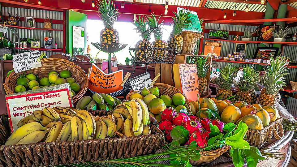 Baskets of bananas, pineapples, mangoes, limes, and dragon fruit arranged at Kumu Farms on Maui.