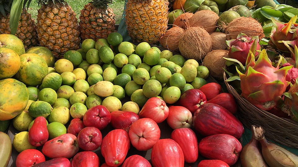 A colorful display of Hawaiian tropical fruits including pineapples, coconuts, guavas, and dragon fruit arranged at a local Maui market.