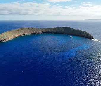 Aerial view of Molokini Crater surrounded by deep blue ocean, highlighting the volcanic rim and protected coral reef basin