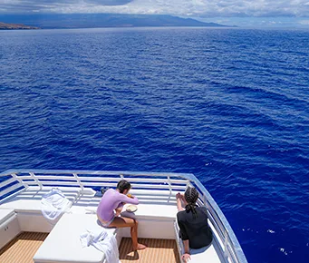 Guests seated in VIP seating area aboard the Pride of Maui ʻElua luxury catamaran.