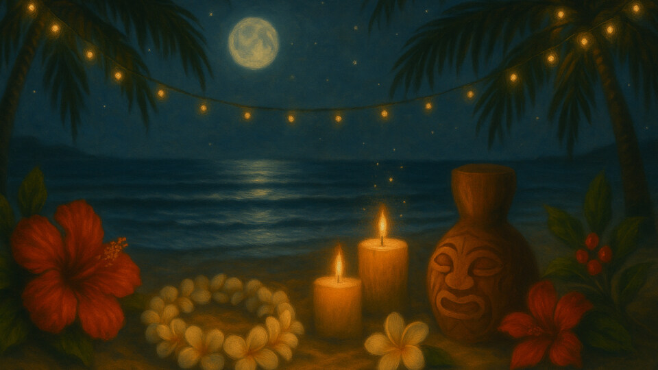 Painterly Hawaiian Christmas night scene with palm trees and holiday lights, a full moon over the ocean, candles glowing beside an ipu, plumeria lei, hibiscus flowers, and red berries on the sandy beach.