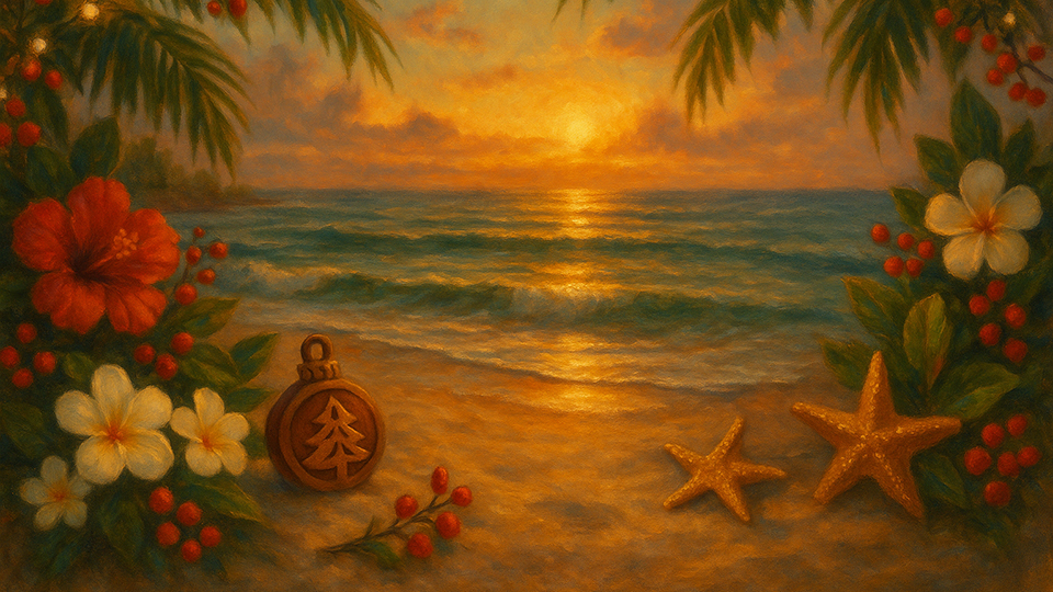 Painterly Hawaiian Christmas sunset scene with hibiscus and plumeria flowers, palm fronds with holiday lights, red berries, starfish, and a wooden ornament on the sandy beach.