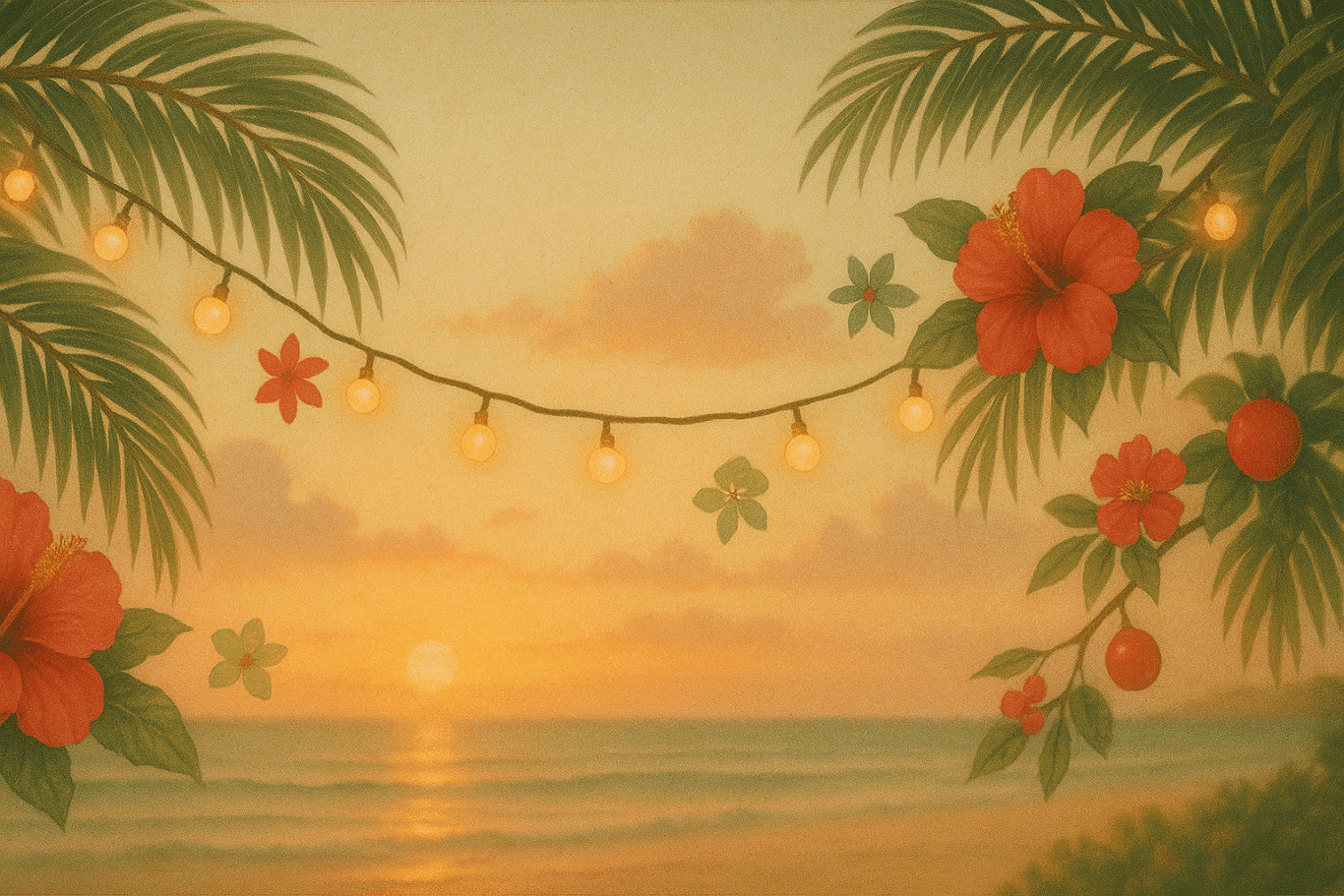 Warm Hawaiian sunset with palm fronds, soft string lights, and gentle tropical flowers creating a festive island Christmas atmosphere.