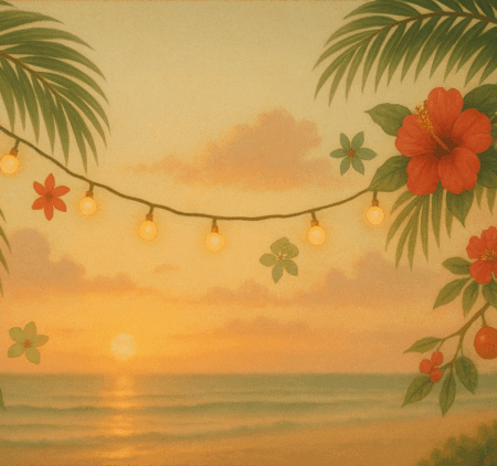Warm Hawaiian sunset with palm fronds, soft string lights, and gentle tropical flowers creating a festive island Christmas atmosphere.