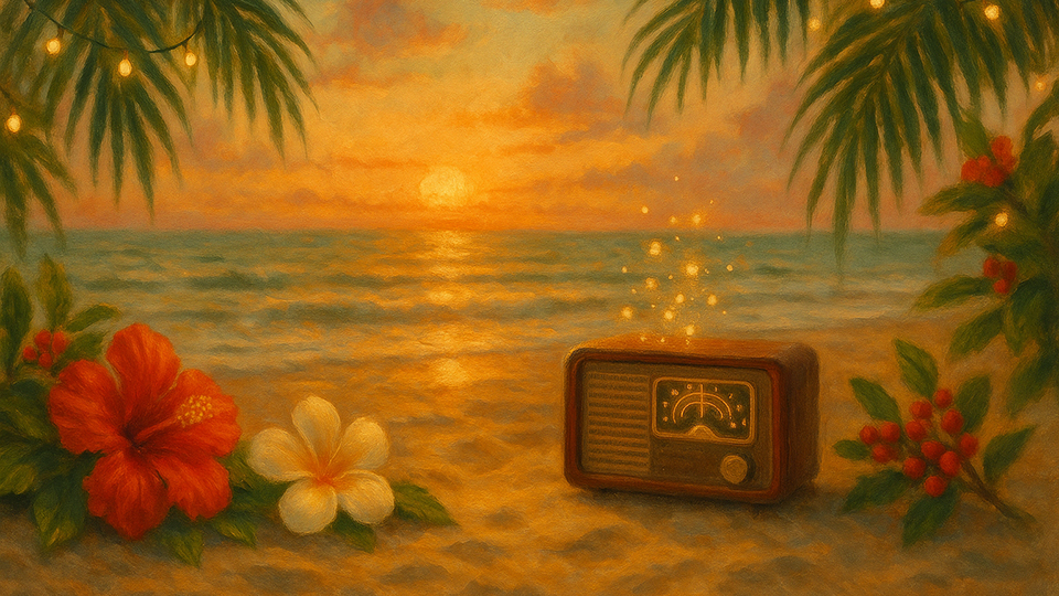 Painterly Hawaiian Christmas sunset scene with hibiscus and plumeria flowers, palm fronds with holiday lights, and a vintage radio glowing in the sand by the ocean.