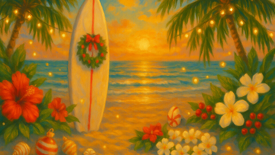Hawaiian Christmas scene with a surfboard decorated with a holiday wreath on a sandy beach at sunset, surrounded by hibiscus, plumeria, ornaments, and palm trees with string lights.